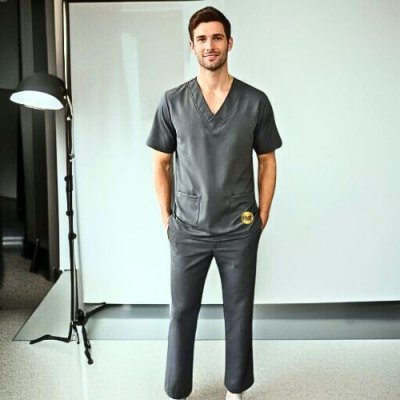 ชุดสครับคอวีเกย สีเทาเข้ม ( เสื้อ+กางเกง )