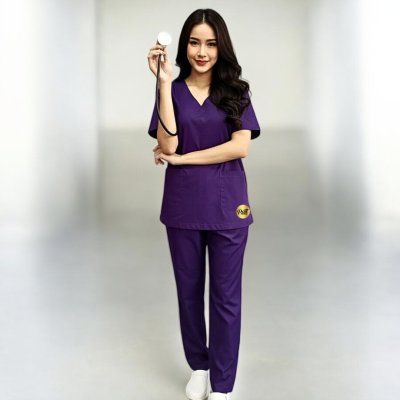 ชุดสครับ สีม่วงเข้ม ผ้าโทเร 210 เส้น