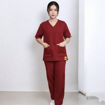 ชุดสครับ คอวีเกย สีแดงเลือดหมู ผ้าโซล่อน