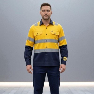 เสื้อช็อปแขนยาว สีทูโทนเหลือง ติดแถบสะท้อนแสง