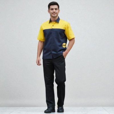 เสื้อช็อป แขนสั้น สีกรมต่อบ่าสีเหลือง