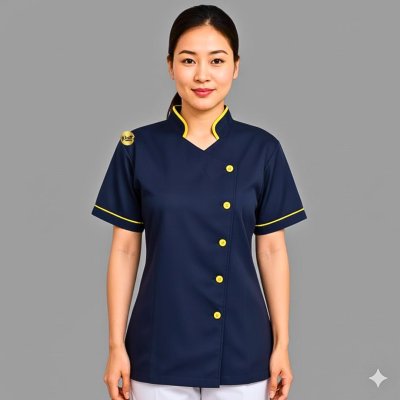 เสื้อแม่บ้านคอจีนป้ายสีกรม กุ๊นเหลือง