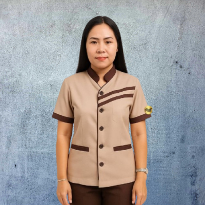 เสื้อแม่บ้านคอจีน สีน้ำตาล แต่งน้ำตาลเข้ม