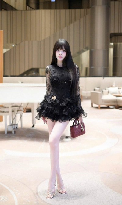 เดรสสั้นสีดำลูกไม้แขนยาวทรงระบายตกแต่งกลิตเตอร์ทั้งชุด