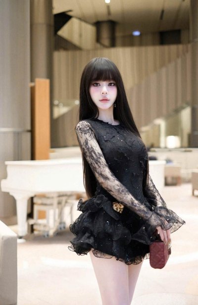 เดรสสั้นสีดำลูกไม้แขนยาวทรงระบายตกแต่งกลิตเตอร์ทั้งชุด