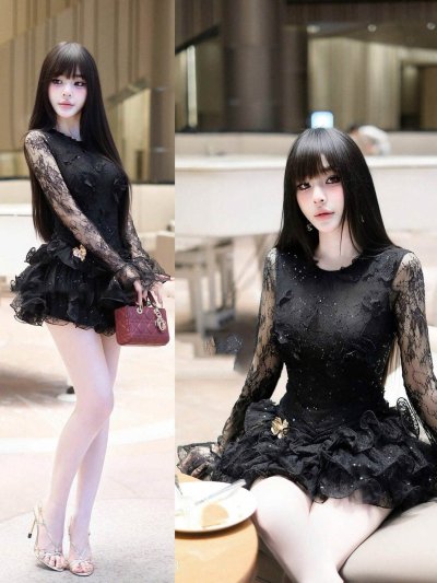 เดรสสั้นสีดำลูกไม้แขนยาวทรงระบายตกแต่งกลิตเตอร์ทั้งชุด