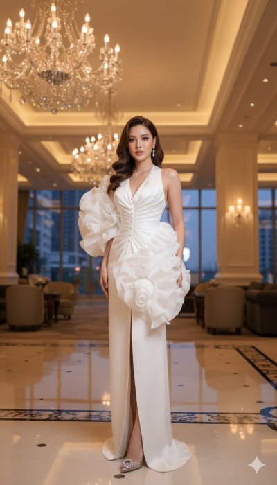 เดรสยาวสีขาวคล้องคอจับสม้อกที่ด้านหน้าตกแต่งระบายผ่าหน้า