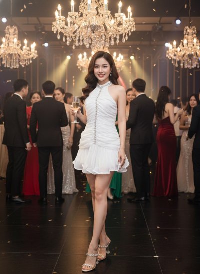 เดรสสั้นสีขาวคล้องคอทรงระบายจับสม็อกข้างเอวตกแต่งคริสตัล