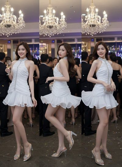 เดรสสั้นสีขาวคล้องคอทรงระบายจับสม็อกข้างเอวตกแต่งคริสตัล