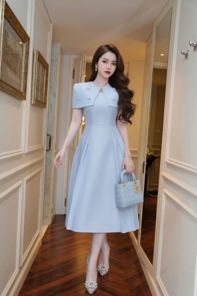 เดรสยาวสีฟ้าทรงระบายมีผ้าคลุมไหล่ตกแต่งคริสตัลรูปโบว์