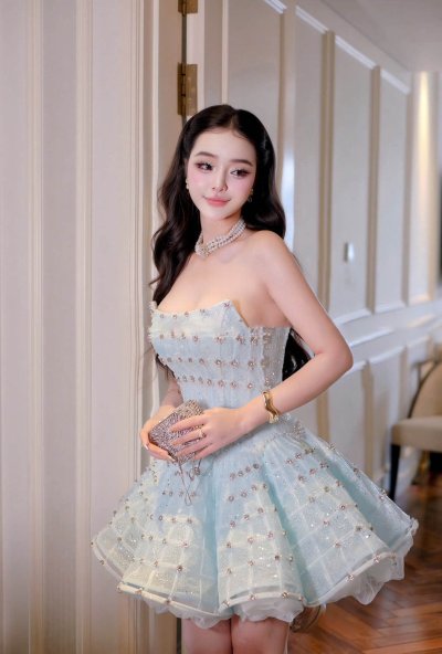 เดรสสั้นสีฟ้าเกาะอกตกแต่งผ้าซีทรูและคริสตัลทั้งชุด