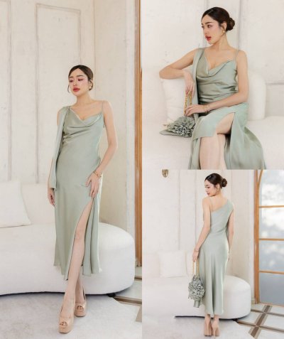 เดรสยาวสีเขียวปาดไหล่อีกข้างสายเดี่ยวผ่าข้างทรงระบาย