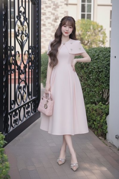 เดรสยาวสีชมพูกระโปรงระบายสไตล์เกาหลีตกแต่งโบว์คริสตัล