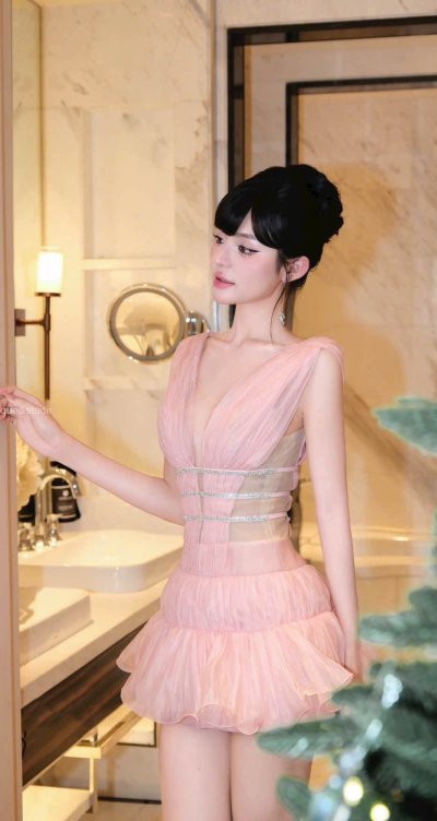 เดรสสั้นสีชมพูแขนกุดทรงระบายตกแต่งกลิตเตอร์ที่เอว