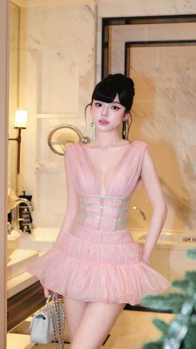 เดรสสั้นสีชมพูแขนกุดทรงระบายตกแต่งกลิตเตอร์ที่เอว