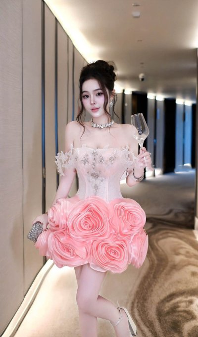 เดรสสั้นสีชมพูเกาะอกตกแต่งคริสตัลชายกระโปรงเป็นพุ่มดอกไม้