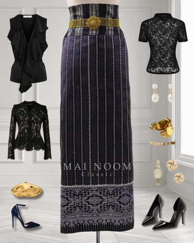 ผ้าไหมลายอันลูยซีมโบราณ ทอสลับยกขิดดอกพิกุล ต่อเชิงซิ่นยกไหมราชวัตรย่อมุมไม้สิบสอง