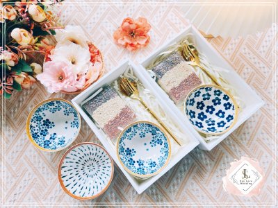 ของรับไหว้ มงคล ชุดชามญี่ปุ่น+ข้าว 3 กษัตริย์+ช้อนส้อมทอง
