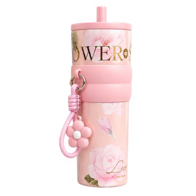 แก้วเก็บอุณหภูมิลายดอกไม้ สีชมพู Stainless 18/8 เคลือบ (CERAMIC) ขนาด 23 Oz. ความจุ 710 ML. รุ่น BLOOMY