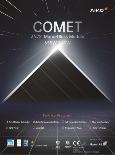 แผงโซล่าเซลล์ AIKO COMET 3N72 Mono-Glass 670W นวัตกรรมไร้บัสบาร์ (ABC Technology)
