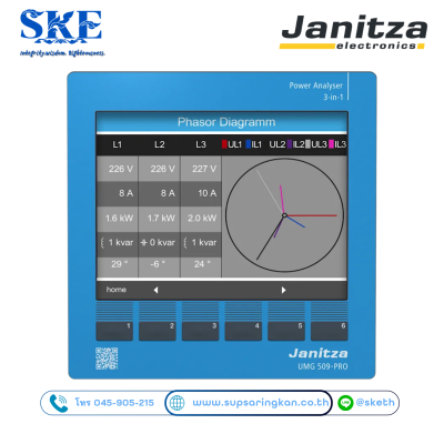 Janitza UMG 509-PRO เครื่องวิเคราะห์พลังงานและคุณภาพไฟฟ้าอเนกประสงค์ แสดงรายละเอียดอุปกรณ์และไดอะแกรมการติดตั้งโดยทีมงาน SKE