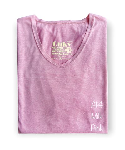 Milk Pink (สีชมพูนม) เสื้อยืดคอวีเปลือย ดีไซน์สวย เนื้อผ้าบางเบา เนื้อผ้านุ่มสวมใส่สบาย ระบายอากาศดี ไม่ร้อนอบอ้าว