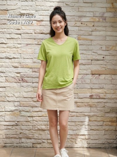 Lime (สีเขียวมะนาว) เสื้อยืดคอวีเปลือย ดีไซส์สวย เนื้อผ้าบางเบา เนื้อผ้านุ่มสวมใส่สบาย ระบายอากาศดี ไม่ร้อนอบอ้าว ไซส์มาตรฐานไม่จกตา