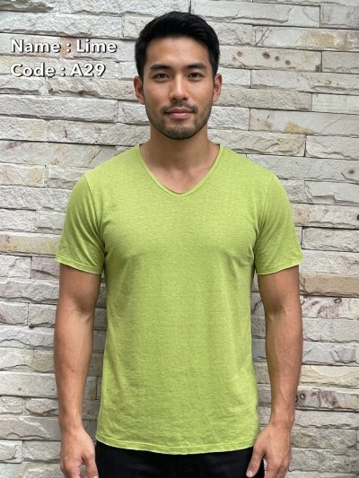 Lime (สีเขียวมะนาว) เสื้อยืดคอวีเปลือย ดีไซส์สวย เนื้อผ้าบางเบา เนื้อผ้านุ่มสวมใส่สบาย ระบายอากาศดี ไม่ร้อนอบอ้าว ไซส์มาตรฐานไม่จกตา