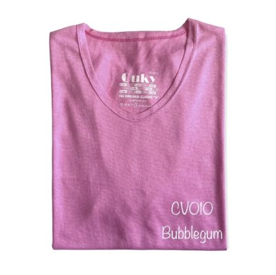 Bubblegum (สีชมพู) เสื้อยืดคอวีเปลือย ดีไซส์สวย เนื้อผ้าบางเบา เนื้อผ้านุ่มสวมใส่สบาย ระบายอากาศดี ไม่ร้อนอบอ้าว ไซส์มาตรฐานไม่จกตา