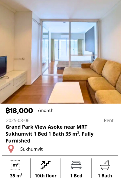 Grand Park View Asoke near MRT Sukhumvit 1 Bed 1 Bath 35 m². Fully Furnished