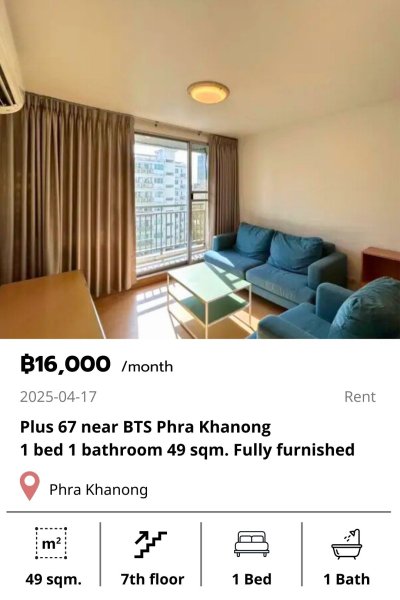 Plus 67 near BTS Phra Khanong 49 sqm. 1 bed 1 bathroom