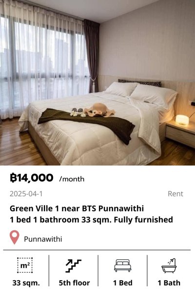 Green Ville 1 near BTS Punnawithi 33 sqm. for rent