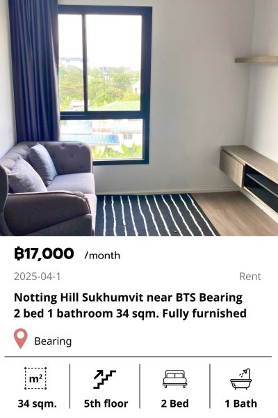 Notting Hill Sukhumvit near BTS Bearing 2 bed 34 sqm.