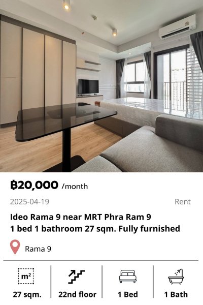 Ideo Rama 9 near MRT Phra Ram 9 Fully Furnished 27 sqm.