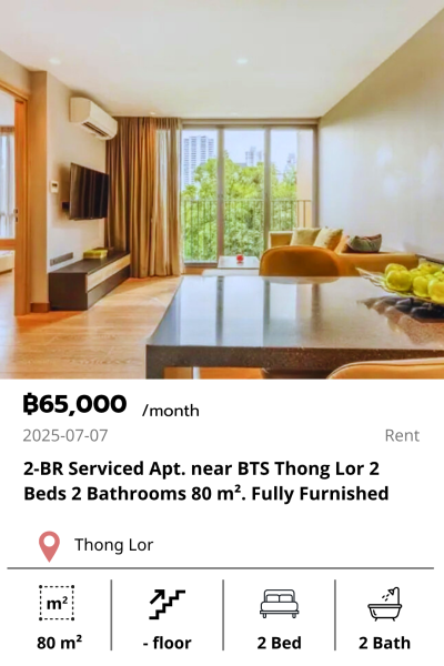 2-BR Serviced Apt. near BTS Thong Lor 2 Beds 2 Bathrooms 80 m². Fully Furnished