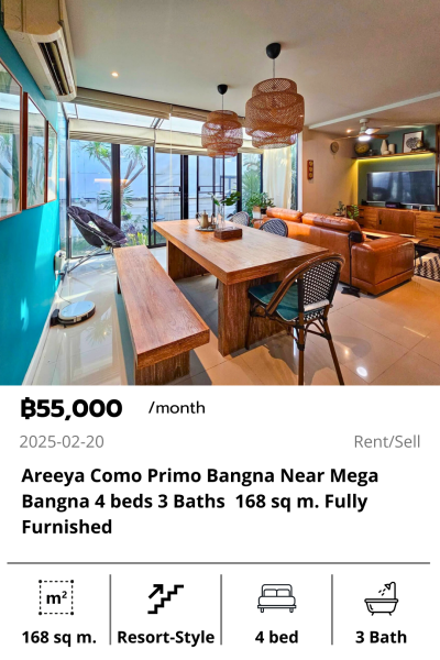 Areeya Como Primo Bangna Near Mega Bangna 4 beds 3 Baths  168 sq m. Fully Furnished