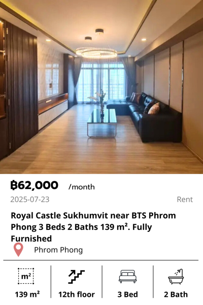 Royal Castle Sukhumvit near BTS Phrom Phong 3 Beds 2 Baths 139 m². Fully Furnished