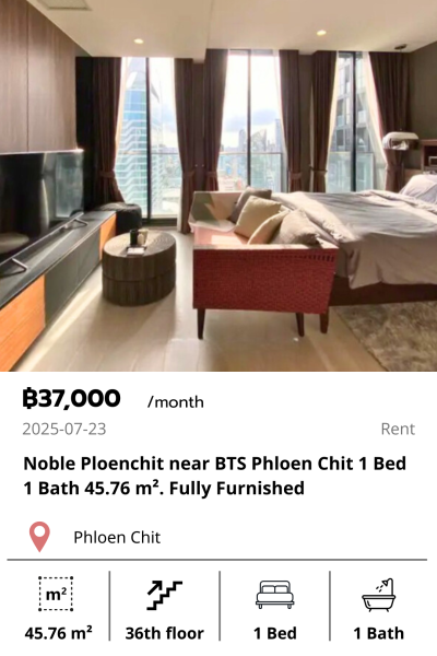 Noble Ploenchit near BTS Phloen Chit 1 Bed 1 Bath 45.76 m². Fully Furnished