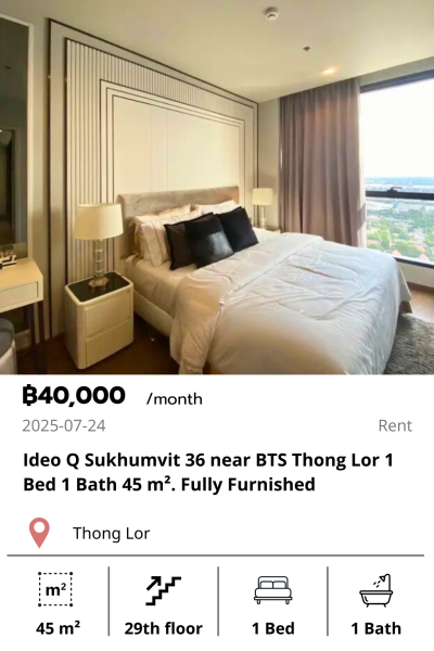 Ideo Q Sukhumvit 36 near BTS Thong Lor 1 Bed 1 Bath 45 m². Fully Furnished