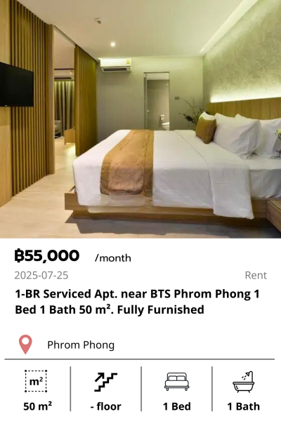 1-BR Serviced Apt. near BTS Phrom Phong 1 Bed 1 Bath 50 m². Fully Furnished