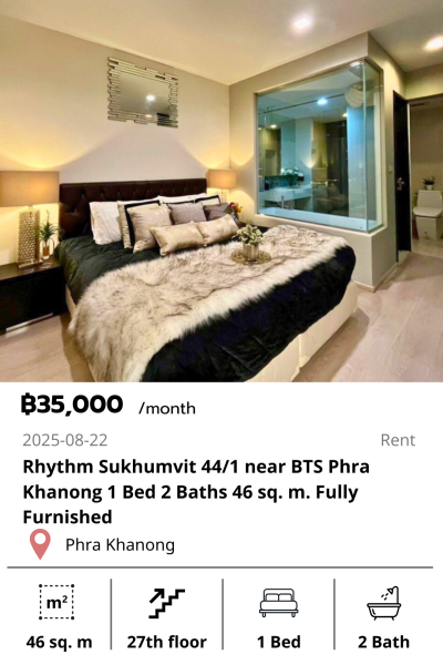 Rhythm Sukhumvit 44/1 near BTS Phra Khanong 1 Bed 2 Baths 46 sq. m. Fully Furnished
