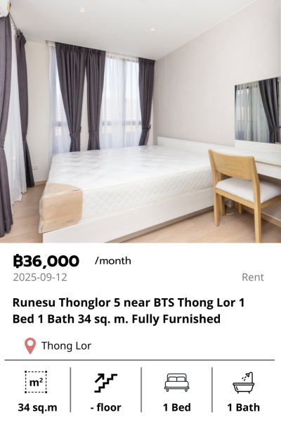 Runesu Thonglor 5 near BTS Thong Lor 1 Bed 1 Bath 34 sq. m. Fully Furnished