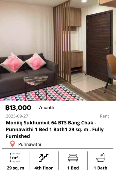 Moniiq Sukhumvit 64 BTS Bang Chak - Punnawithi 1 Bed 1 Bath1 29 sq. m . Fully Furnished