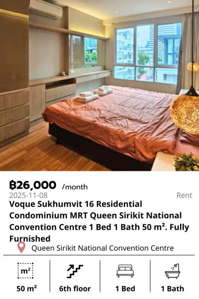Voque Sukhumvit 16 Residential Condominium MRT Queen Sirikit National Convention Centre 1 Bed 1 Bath 50 m². Fully Furnished