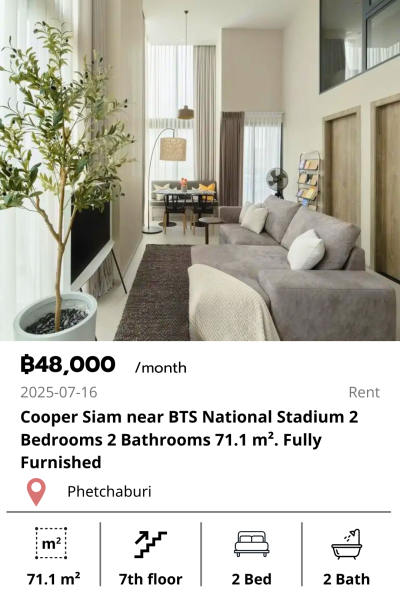 Cooper Siam near BTS National Stadium 2 Bedrooms 2 Bathrooms 71.1 m². Fully Furnished