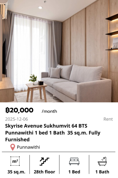 Skyrise Avenue Sukhumvit 64 BTS  Punnawithi 1 bed 1 Bath  35 sq.m. Fully Furnished
