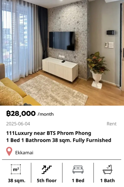 111 Luxury near BTS Phrom Phong 1 Bed 1 Bathroom 38 sqm. Fully Furnished