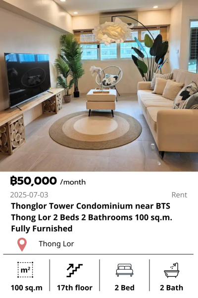 Thonglor Tower Condominium near BTS Thong Lor 2 Beds 2 Bathrooms 100 sq.m. Fully Furnished
