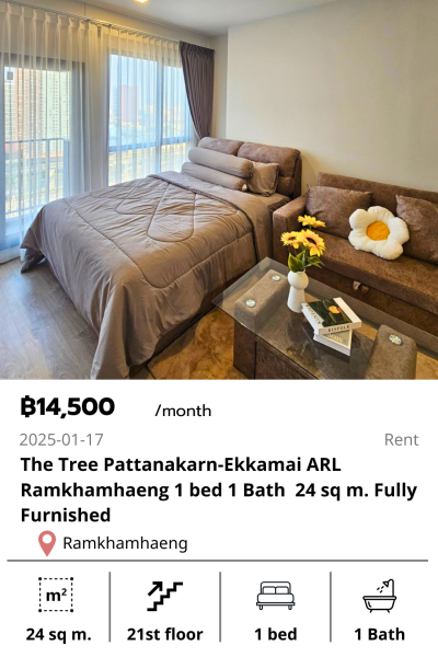 The Tree Pattanakarn-Ekkamai ARL Ramkhamhaeng 1 bed 1 Bath  24 sq m. Fully Furnished