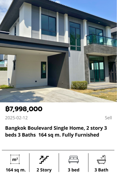 Bangkok Boulevard Single Home, 2 story 3 beds 3 Baths  164 sq m. Fully Furnished